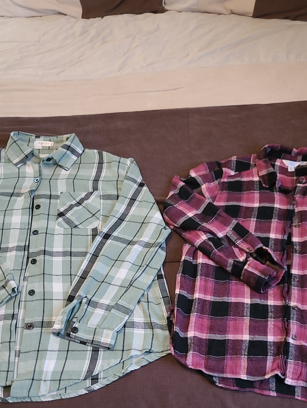 Woman's Plaid Flannel Button-Up Shirts- Green & Pink Plaid XL & XXL